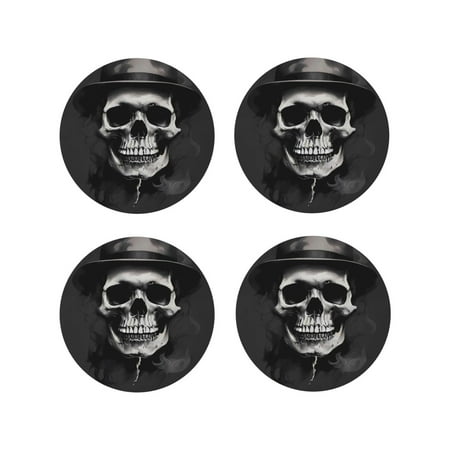 

Tebeau Black White Hat Skull Print Set of 4 Leather Drink Coasters Round Cup Mat Pad for Home and Kitchen Use 4 -Round Shape