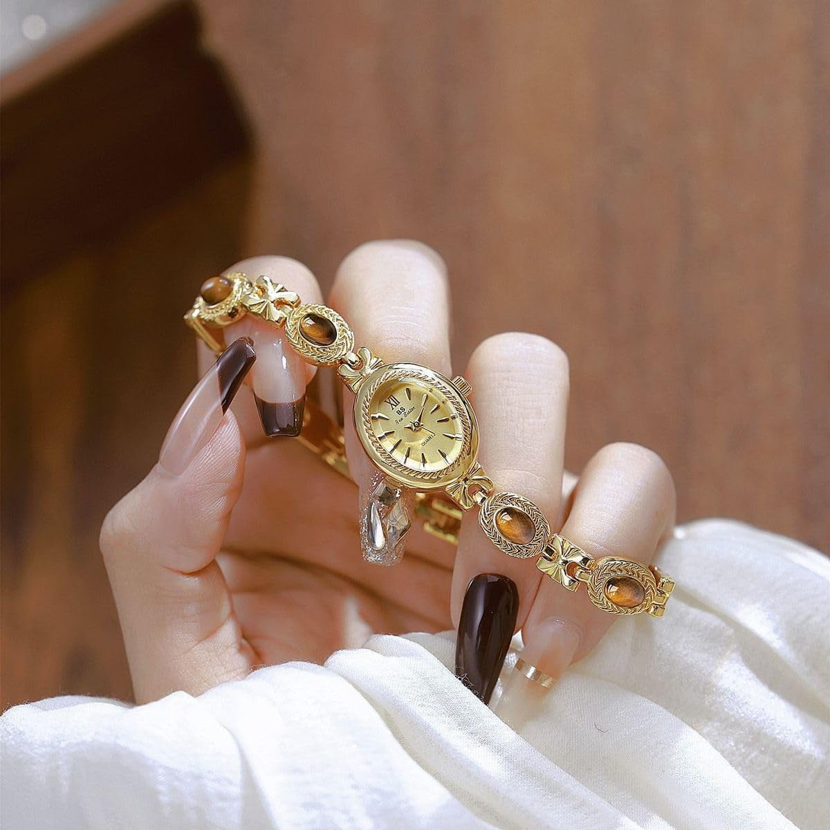 Gold Watches for Women with Small Vintage Bracelet Elegant Jade Oval Dial Dress Watch Fashion Quartz Wrist Watch Waterproof Watch