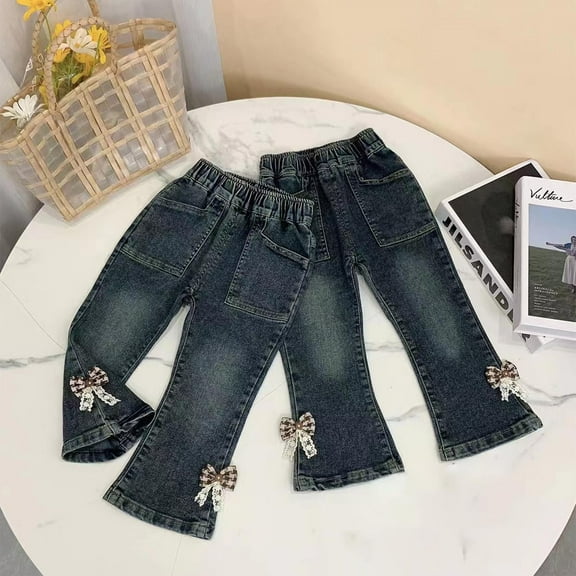 MKOSPLRT 8M-6Years Toddler Girl Flare Jeans Elastic Waist Bow Flare Jeans Baggy Wide Leg Boot Cut Jeans Retro Denim Pants with Pocket