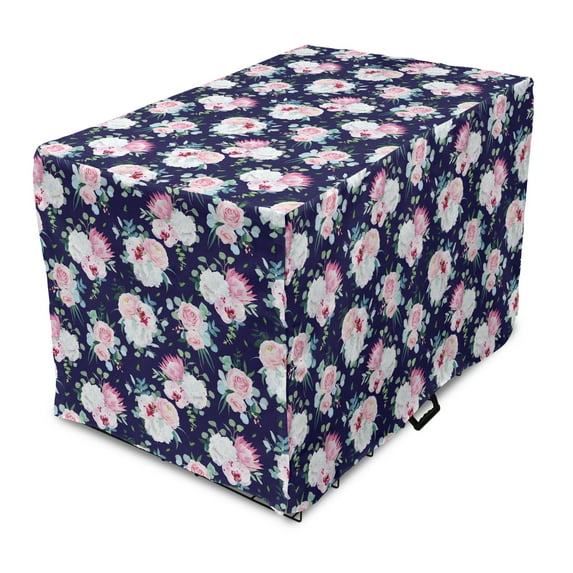 Vintage Rose Dog Crate Cover, Romantic English Flower Bouquet Pattern, Easy to Use Pet Kennel Cover Small Dogs Puppies Kittens, 7 Sizes, Indigo Multicolor, by Ambesonne