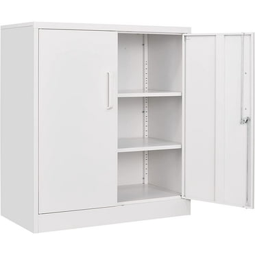 Steel Storage Cabinet Office Cabinet with Shelves and 2 Doors,White Metal Storage Cabinet, Locking Small Metal Cabinet,Steel Counter Cabinet with Lock for Garage Home Office Pantry