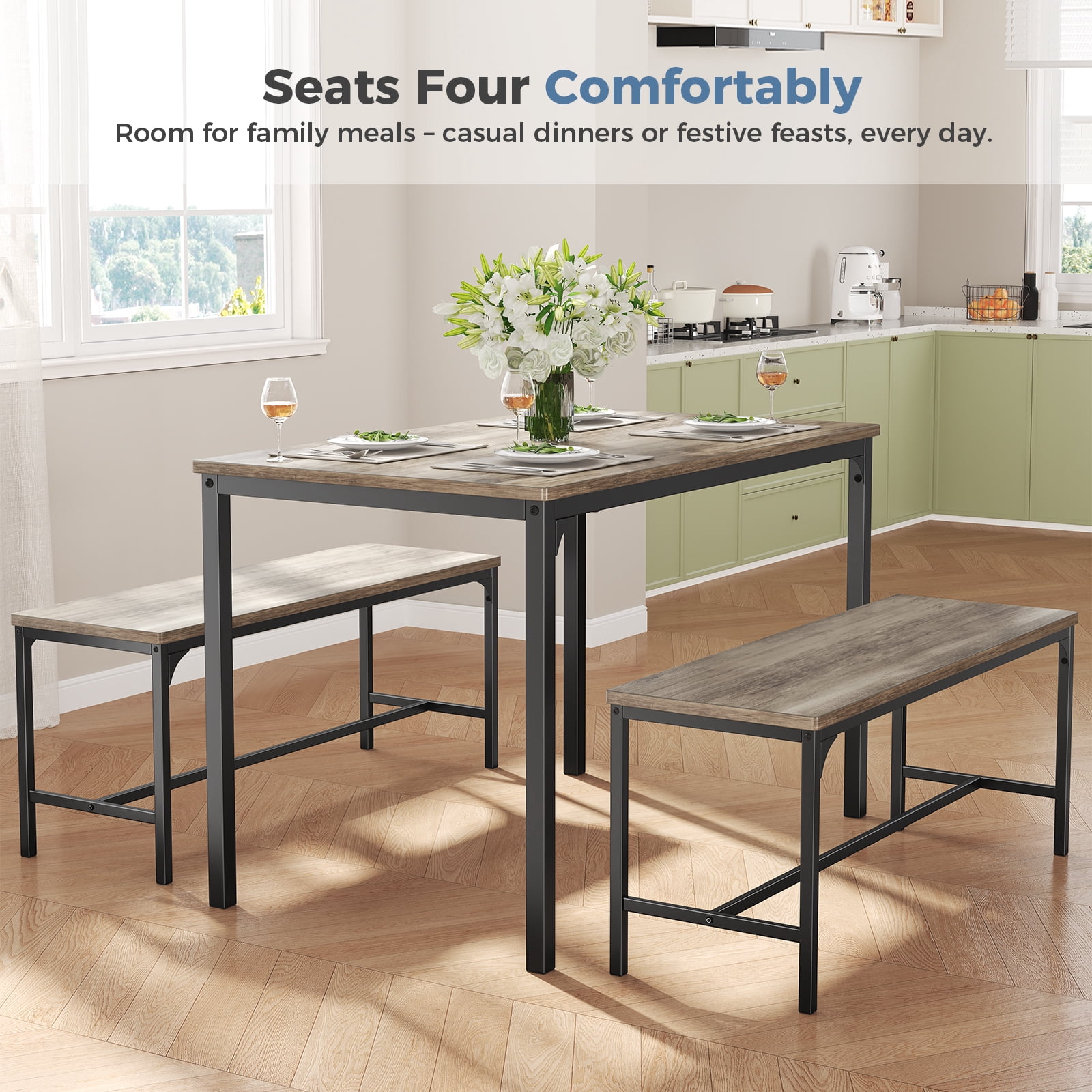 CONCETTA 3-Piece Dining Table Set with 1 Table,2 benches,Space-Saving Small Dining Set for 2–4 People for Apartment, Daily Meals & Bistro, Gray