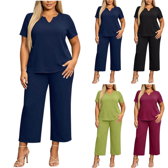 akafmk Plus Size Womens 2 Piece Sets Summer Outfits V Neck Short Sleeve T-Shirts and Wide-Leg Pants Matching Loungewear Set Sleepwear Soft Fashions Clothes
