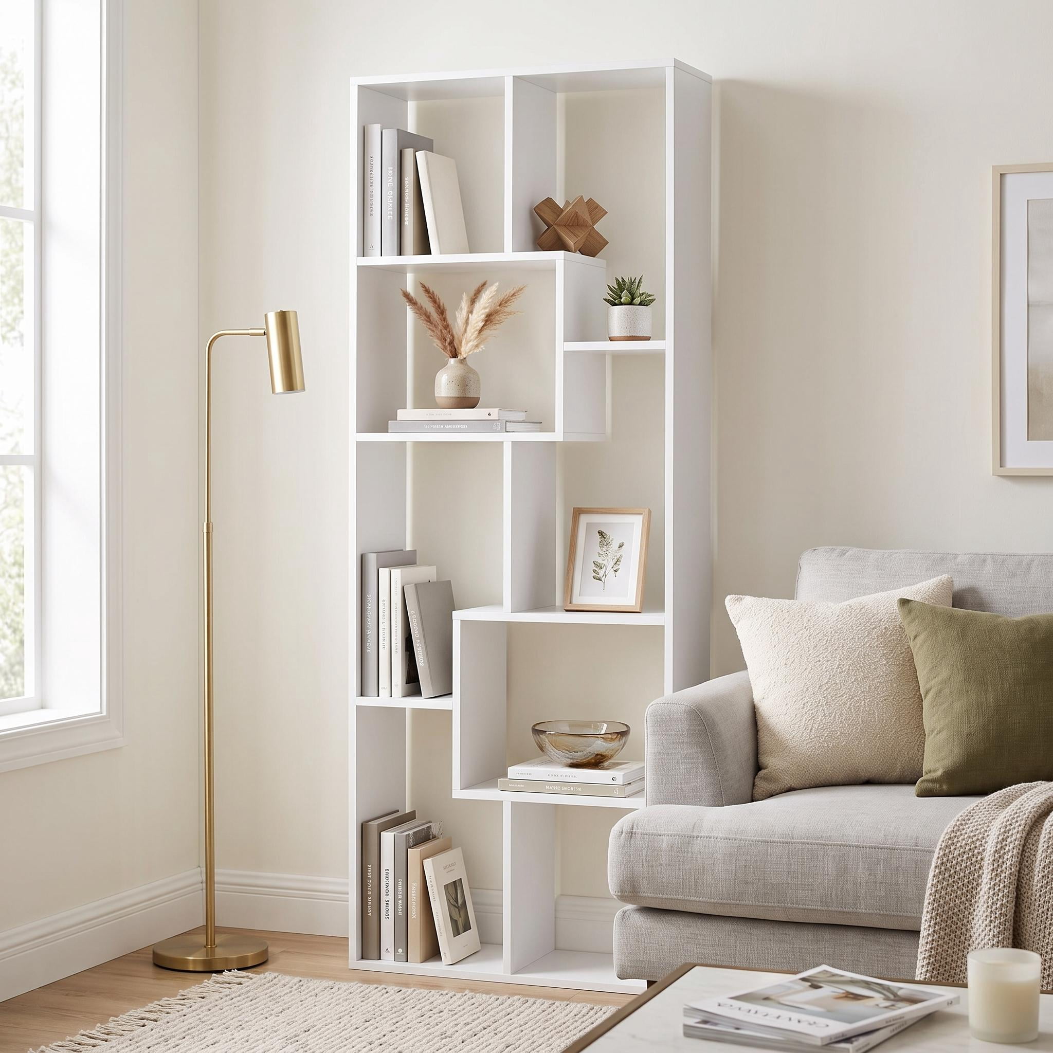 Homy Casa 71" Tall Geometric Bookcase, Open Display Shelf for Living Room & Home Office, White