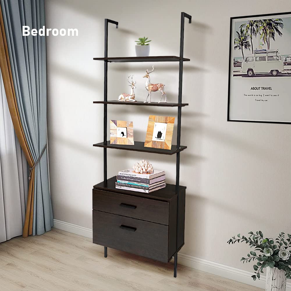 Industrial Wall-Mounted Ladder Shelf With 2 Drawers - 4-Tier Bookshelf For Home Office