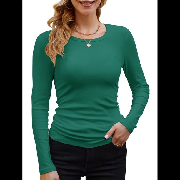 Camisetas Básicas Ajustadas Informales de Cuello Redondo y Larga Acanaladas para Mujer Verde Oscuro L