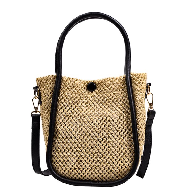 Bolso de mano de paja hueca, bandolera de hombro de cuero de playa tejida (negro)