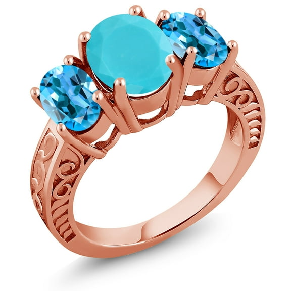 Gem Stone King 3.50 Ct Oval Green Turquoise Swiss Blue Topaz 18K Rose Gold Plated Silver Ring (Size 5)