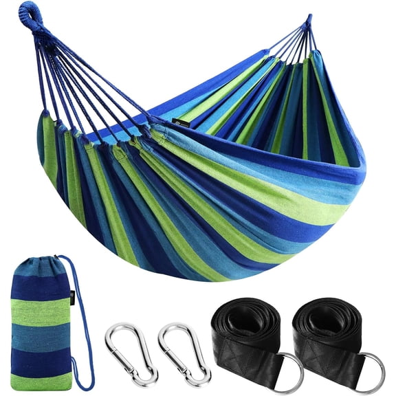 Cotton Hammock Portable Camping Hammocks for Hanging Sturdy Garden Comfortable Fabric Hammock with Tree Straps Up to 660lbs with Travel Bag for Camping Outdoor/Indoor Patio Backyard Blue/White