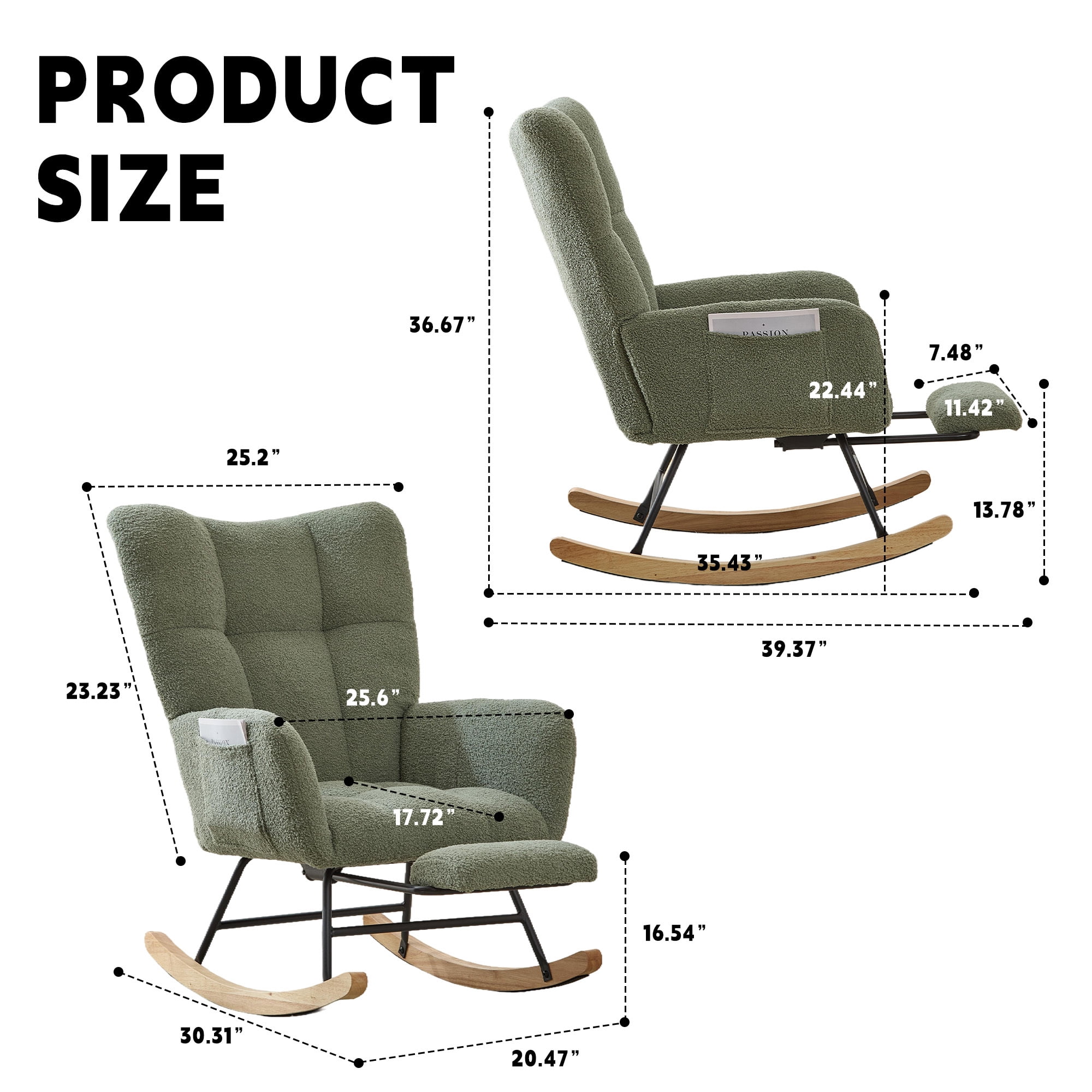 Leumius Nursery Rocking Chair with Footrest,Teddy Fabric Upholstered Glider Rocker Chair with High Backrest,Side Storage Pocket & Solid Wood Legs,Comfy Accent Chair for Living Room Bedroom,Green