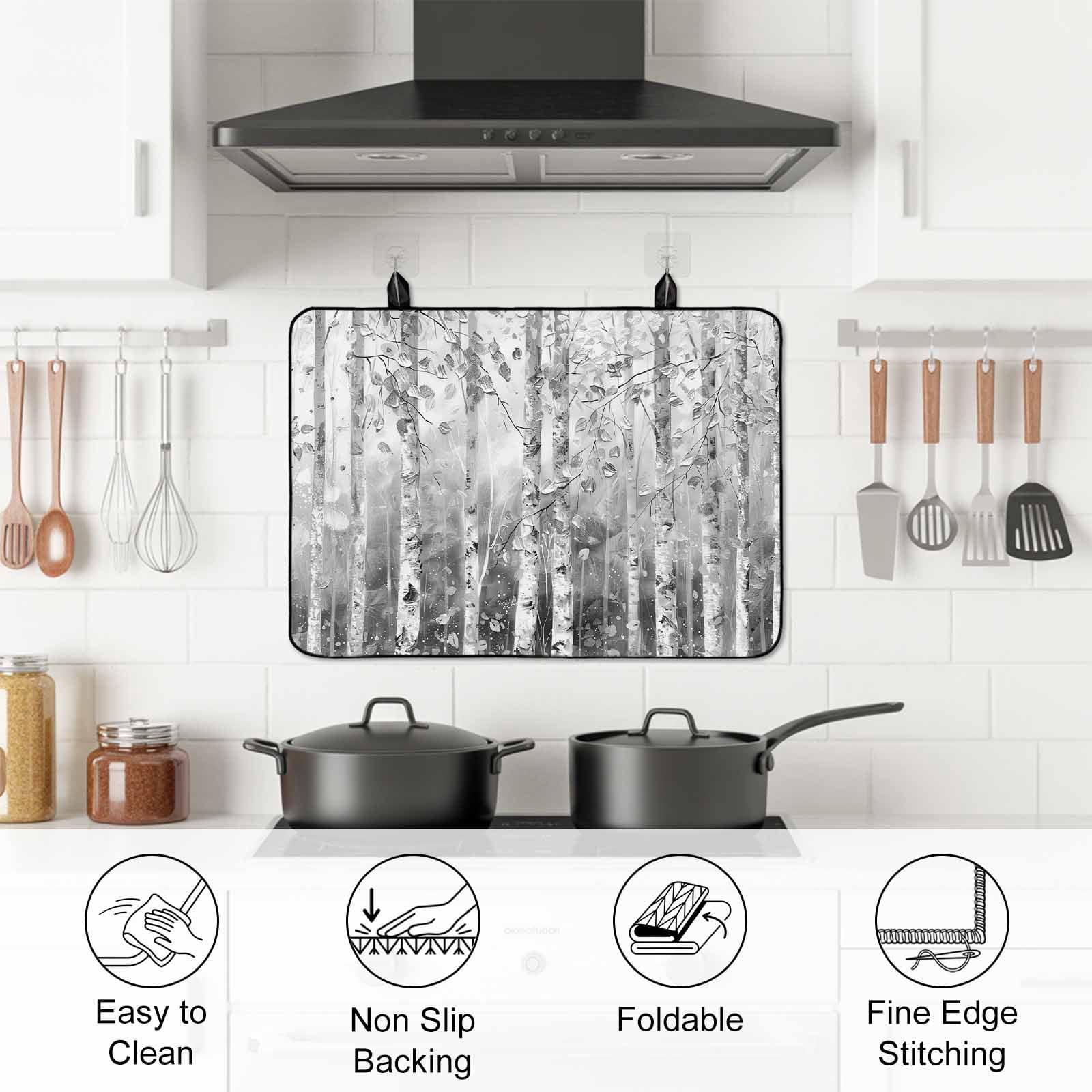 Grey Forest Stove Top Cover for Electric Stove, Heat-proof & Non Slip Glass Top Stove Cover Protector, Modern Oil Painting Art Kitchen Flat Cooktop Rubber Mat 31x24 Inches