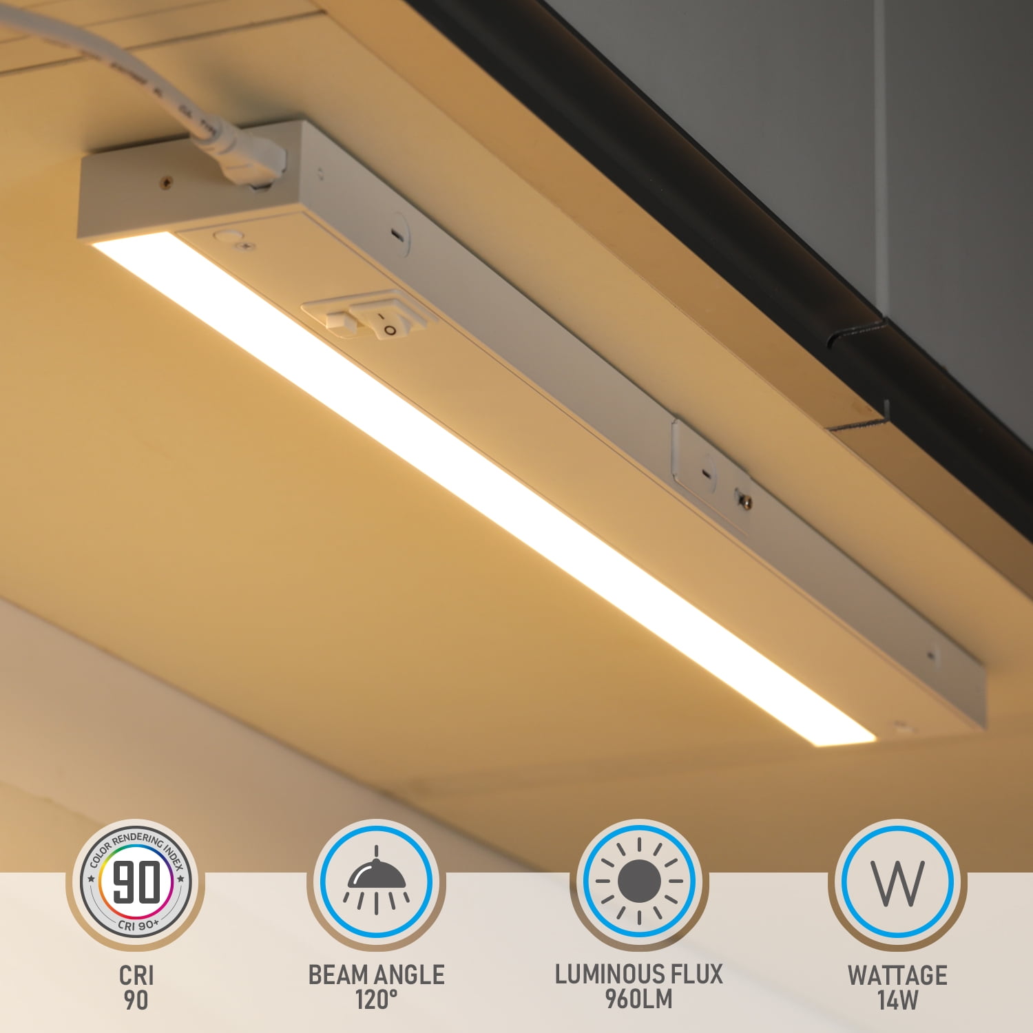 4 Pack LED Under Cabinet Light, 22 Inch, Dimmable, Linkable, 3 Color Selectable, Hardwired or Plug-in, White Finish