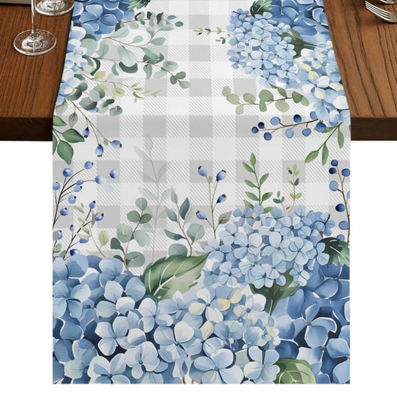 Blue Flower 70 Inch Table Runner, Grey Plaid Hydrangeas Eucalyptus Leaves Farmhouse Dresser Scarf Cotton & Linen Tablerunner for Dining/Kitchen Island/Holiday Party Décor 13" x 70"