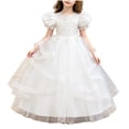 thumbnail image 2 of LEKWK Girls Tulle Ball Gown Puff Sleeve Ruffled Ribbon Formal Princess Dress with Lace Embroidery Prom Gown Wedding Flower Girl Dress for Birthday Party, 2 of 6