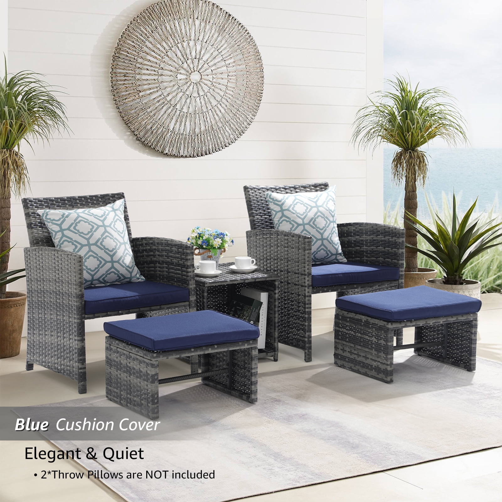 JOIVI 5 Piece Patio Furniture Set, Wicker Outdoor Conversation Chair and Ottoman Set with Coffee Table, Pillows Included, Navy Blue