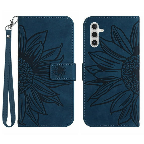 Mantto for Samsung Galaxy A54 5G 6.4 inch Wallet Case with Wrist Strap,Stylish Sunflower Embossed PU Leather Shockproof Protective Magnetic Flip Stand Card Slots Protective Phone Cover,Inkblue