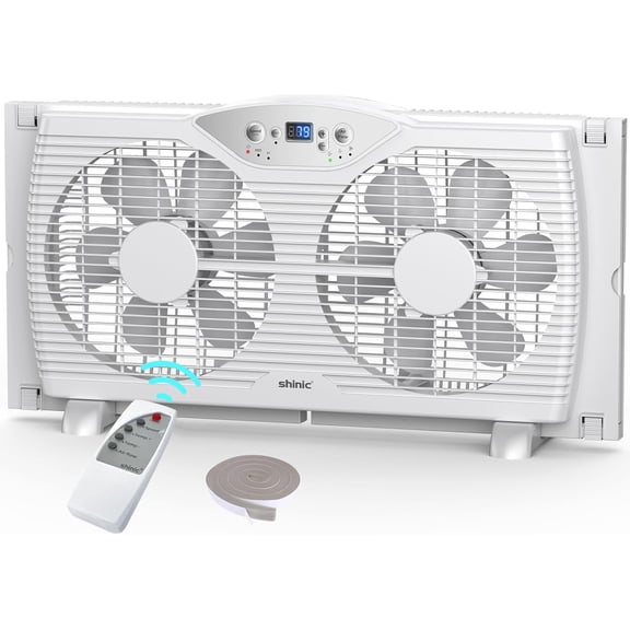 Shinic 9" Twin Window Fan with Thermostat, Reversible Airflow, 3 Speeds, Expandable Width 23.8"-37", ETL Listed