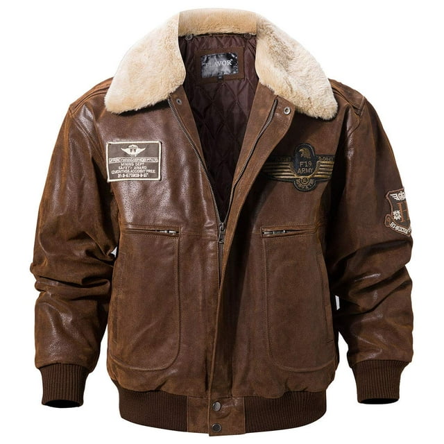 FLAVOR Men's Real Leather Bomber Jacket with Removable Collar Aviator (XL, Brown)