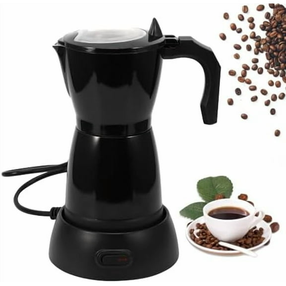 Coffee Pot Electric Espresso Coffe Maker, 300ml 6 Cups Stainless Steel Moka Pot with Overheat Protection and Detachable Base, Portable Italian Moka Maker, 450W, Black