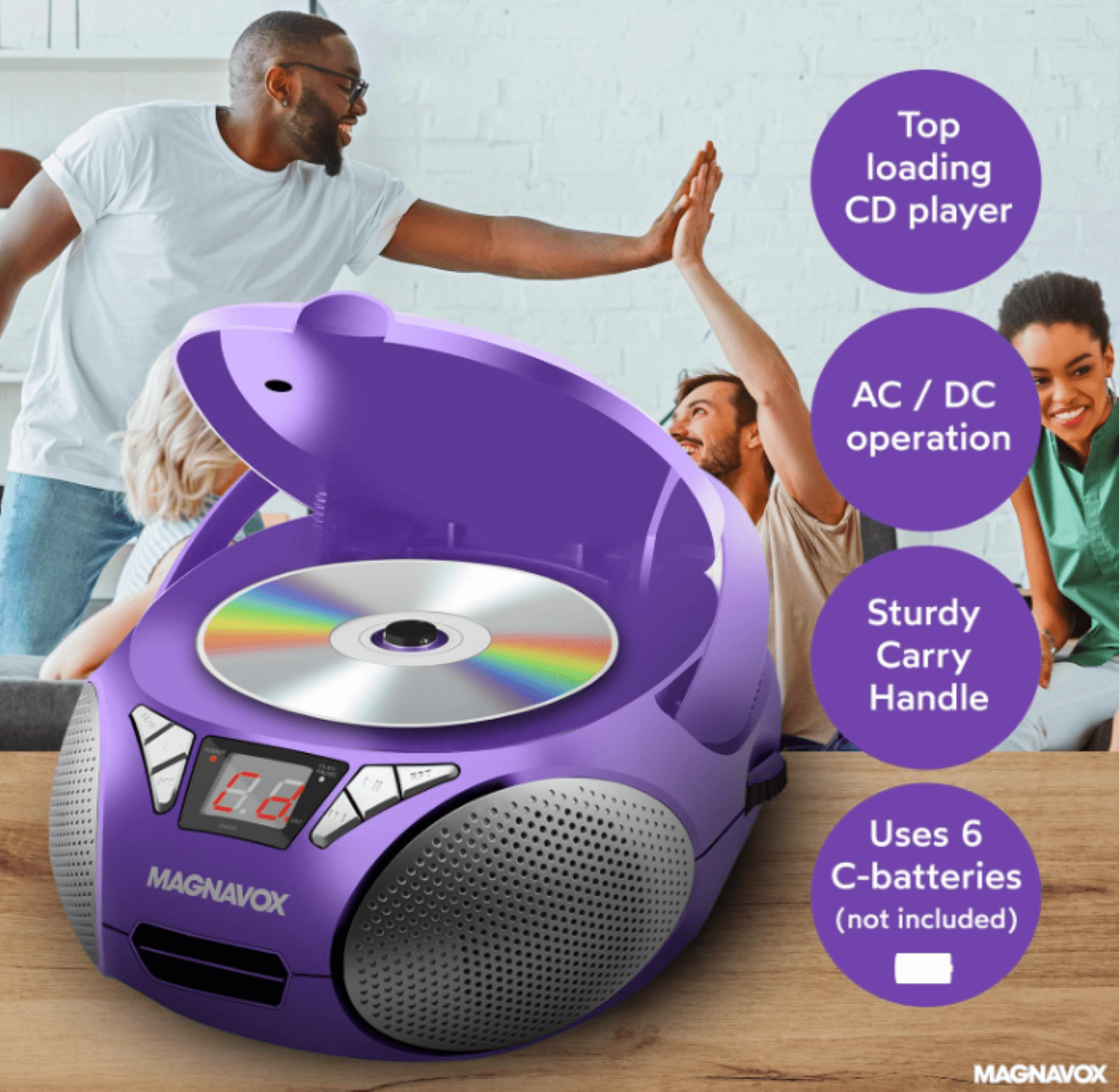Magnavox Portable CD Boombox with FM Stereo Radio, Top-Loading CD Player, AUX Input, LED Display, AC/DC Power, Battery Operated Boombox, Purple