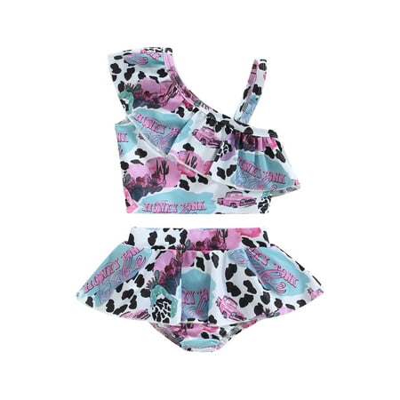 

Licupiee Toddler Girls Summer 2PCS Swimwear Sets One Shoulder Floral Tops + Tutu Ruffle Shorts Bating Suit