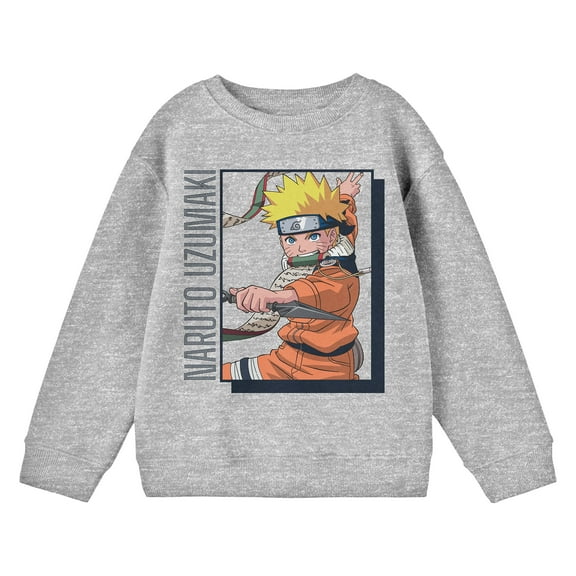 Naruto Classic Naruto Uzumaki Name Text and Character Youth Heather Gray Crew Neck Sweatshirt-Medium
