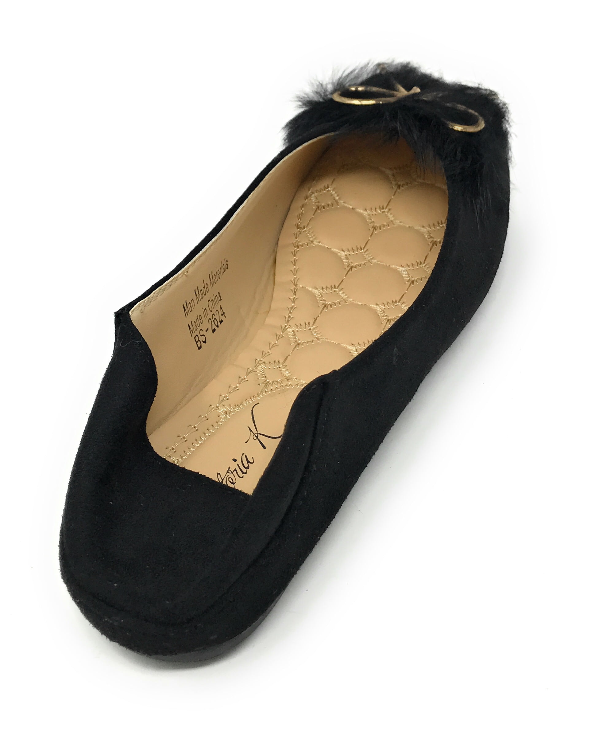 Victoria K Women's Foldover Sueded Faux Fur Gold Bow Ballerina Flats