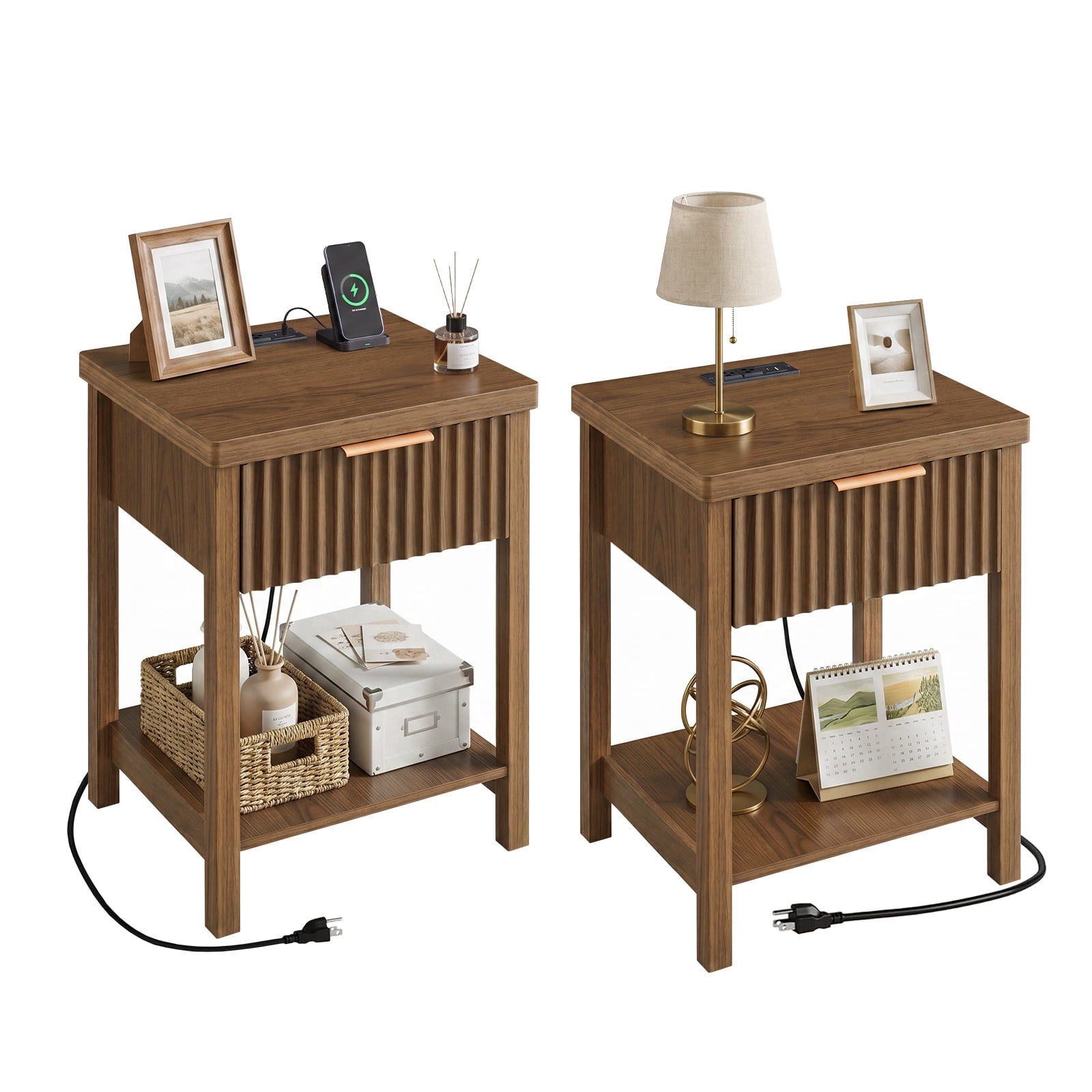Hommoo Fluted Wood Nightstand Set of 2 with Built-in Charging Station, Storage Drawer & Open Shelf, Modern Bedside Table for Bedroom, Living Room & Small Spaces, Walnut