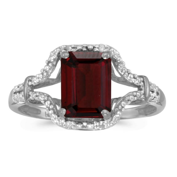 10k White Gold Emerald-cut Garnet And Diamond Ring