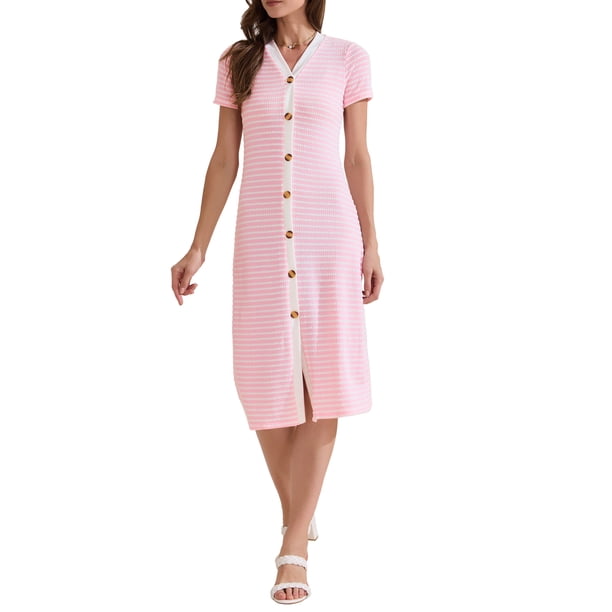 INSPIRAR CHIC Vestidos Midi de Punto Rayado de Manga Corta con Escote en V para Mujeres Casual de Verano S Rosa