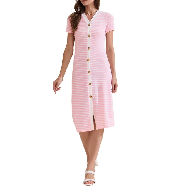 INSPIRAR CHIC Vestidos Midi de Punto Rayado de Manga Corta con Escote en V para Mujeres Casual de Verano S Rosa