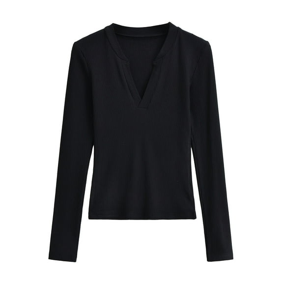 Dasayo Long Sleeve Tops for Women V-Neck Fitted Black Solid Classic T-Shirt Women's T Shirts M