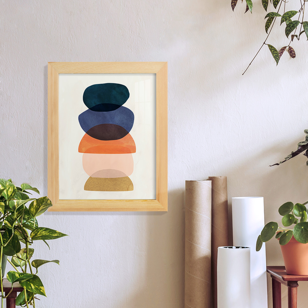 Mod Pods I -Framed Print w/glass-Natural Wood