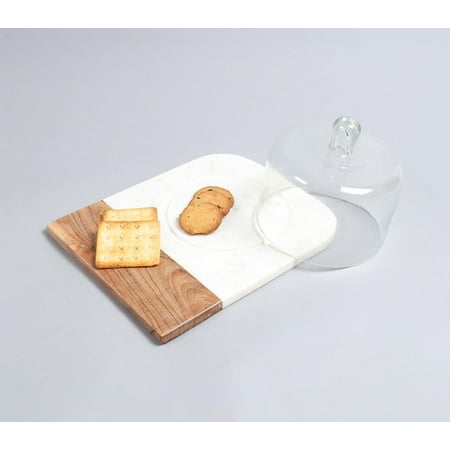 

White Marble & Wood Colorblock Cake Platter With Glass Dome