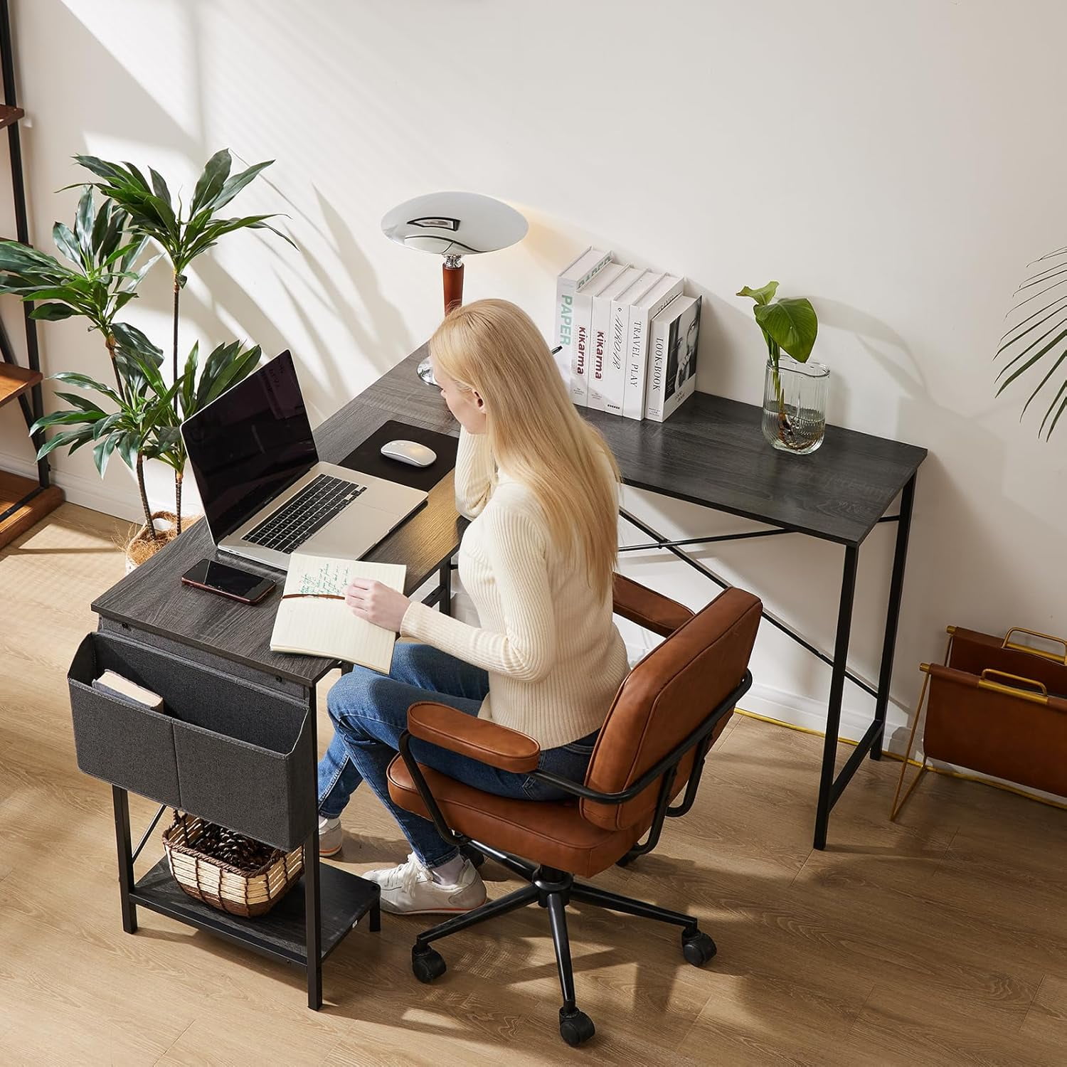 Bigleap L Shaped Computer Desk - Gaming Table Corner Desk 50 Inch PC White Writing Desk Study Desks with Wooden Desktop CPU Stand Side Bag Reversible for Home Office Room Small Space, Gray