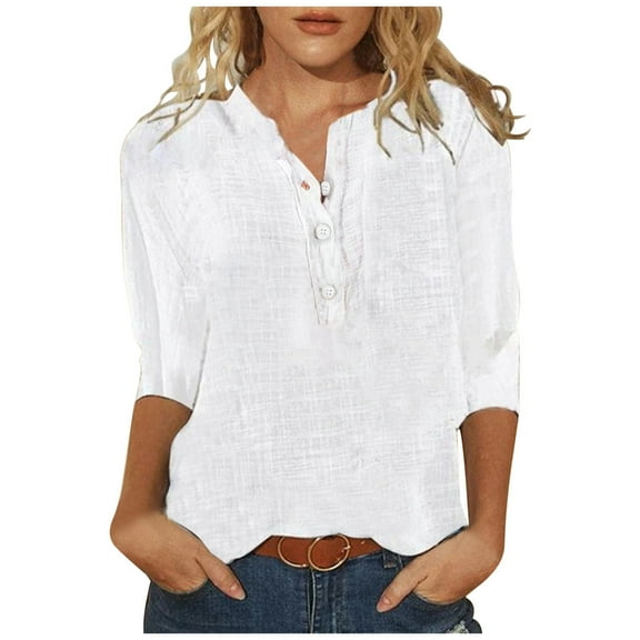 Povozer Women's 3/4 Sleeves V Neck Polo Shirts Casual Summer Tops Basic Collar Cute Tees(White,L)