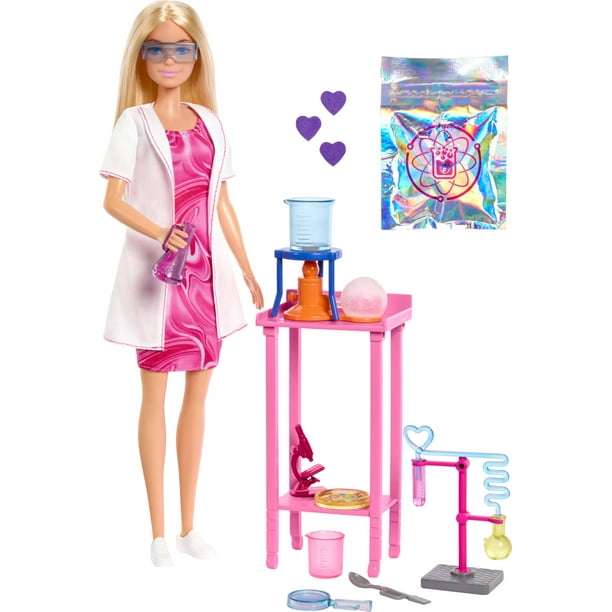 Muñeca Barbie Scientist con muñeca moderna, mesa de laboratorio y microscopio