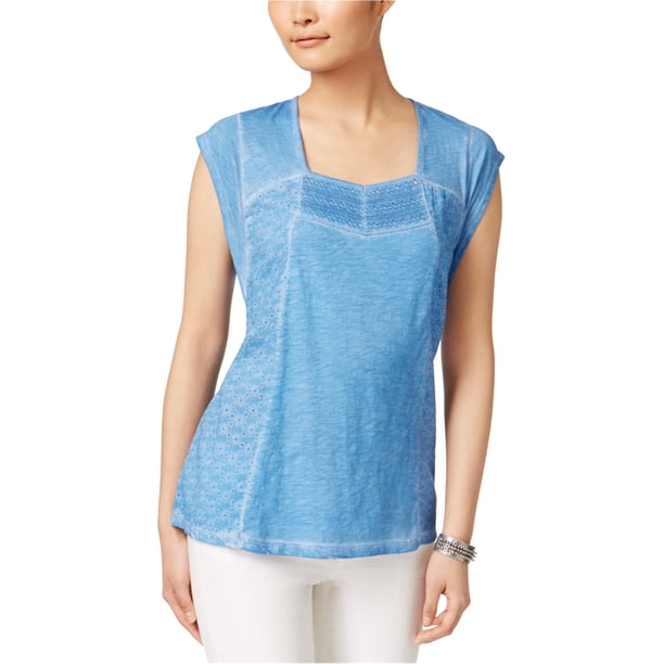Camiseta básica con ojales de encaje Style & Co para mujer azul XS