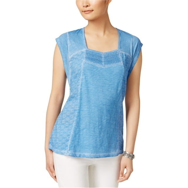 Camiseta básica con ojales de encaje Style & Co para mujer azul XS