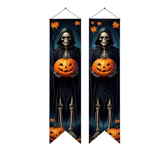 2 Pack Halloween Porch Banner Set,Grim Reaper Skeleton Holding Pumpkin Printed Vertical Door Curtain,Hanging Sign for Entryway Porch Wall Indoor Outdoor Home Decoration