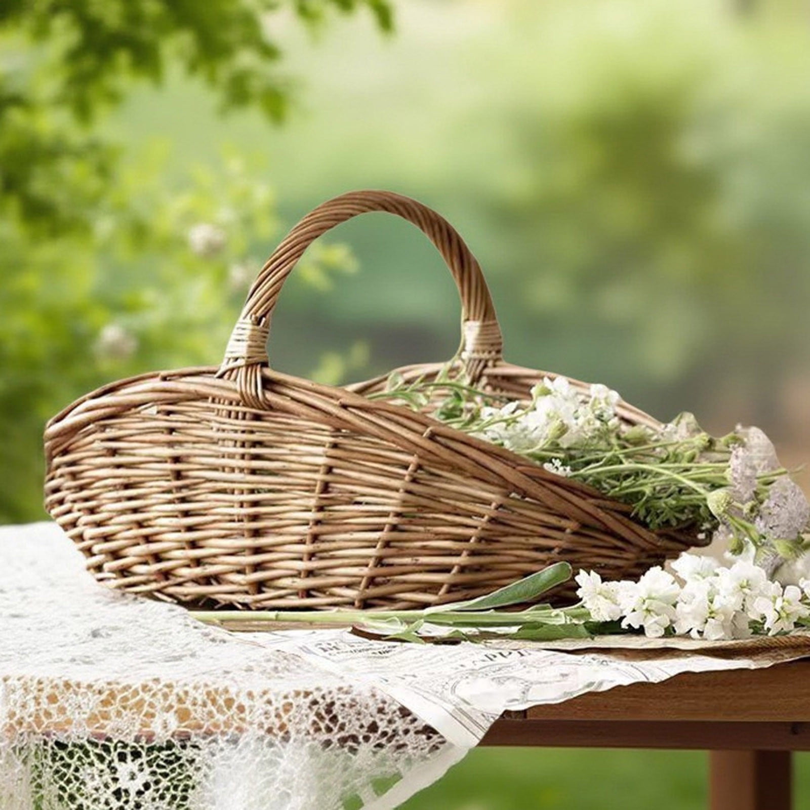 Junepar 2PCS Rattan Storage Basket with Handle Large Woven Wicker Basket for Picnic,Harvesting Vegetables,Fruit Flower Arranging Multipurpose Organizer for Garden, Home,Easter Camping