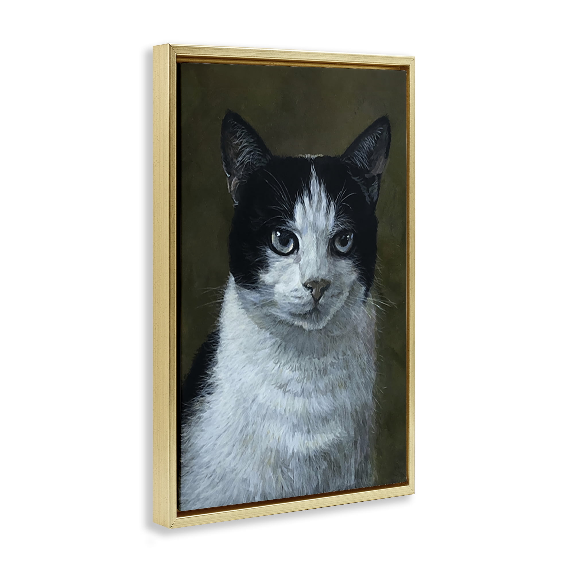 Stupell Industries Black & White Cat Angst Animals Painting Gold Floater Framed Canvas Art Print Wall Art, 21 x 31