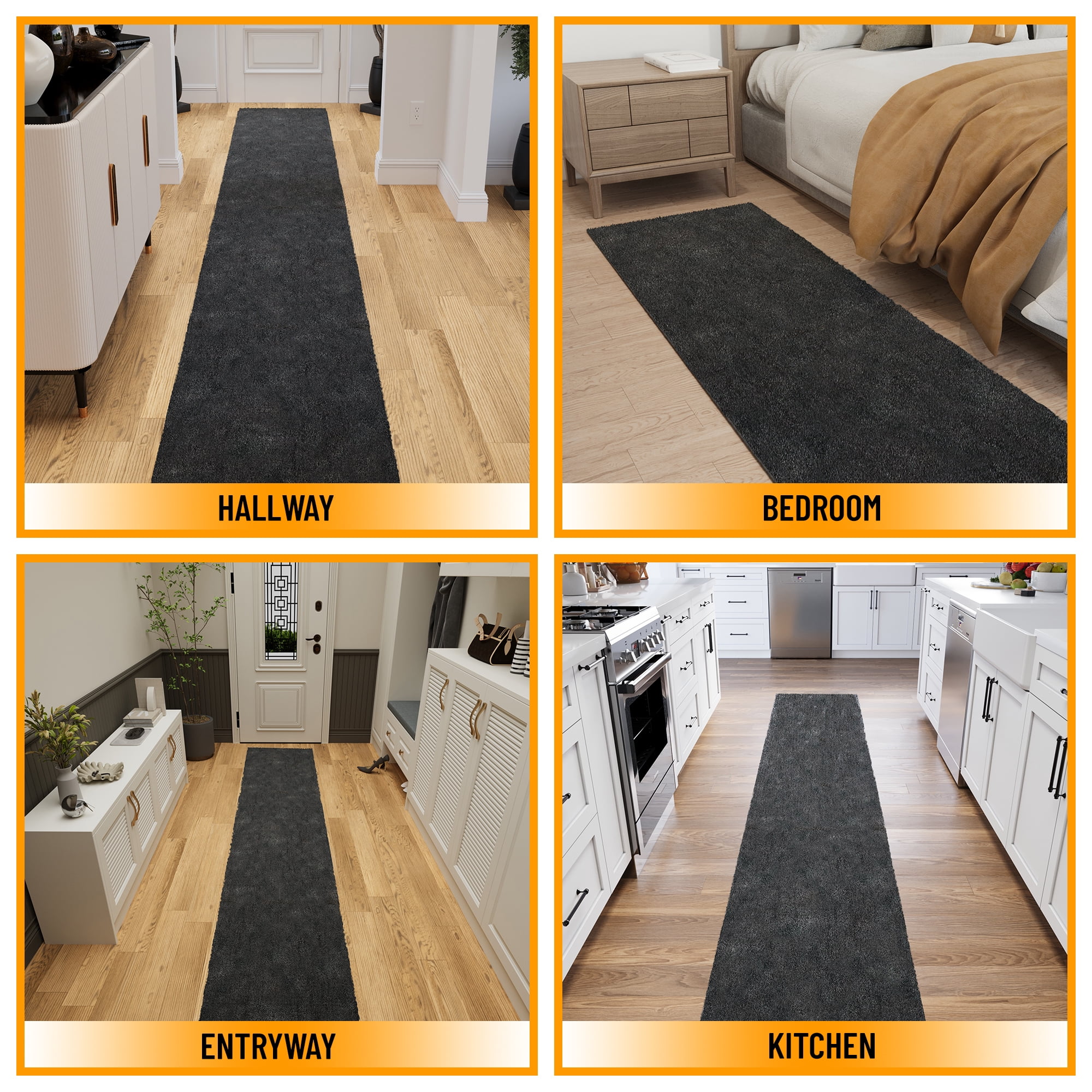 Ottomanson Aisle Runner Rug 1'11.6" x 33' – Non-Slip Plush Extra Long Indoor Runner, Charcoal