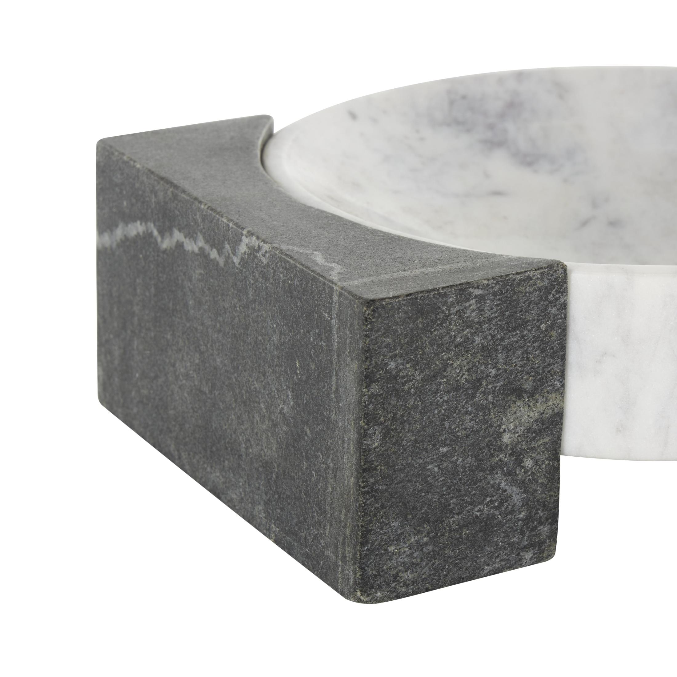 DecMode 10" x 8" White Marble Round Geometric Tray with Black Rectangular Blocks, 1-Piece