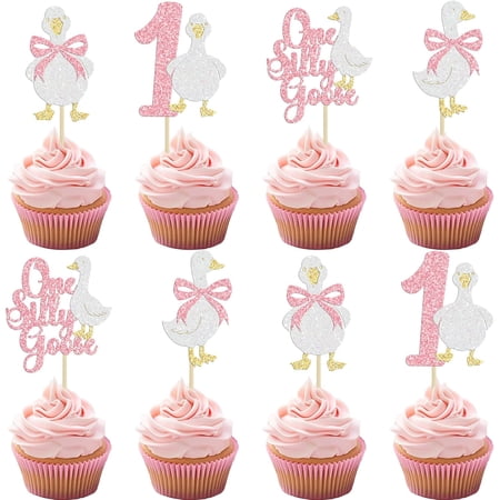 12pcs One Silly Goose 1st Birthday Cupcake Toppers, Pink Glitter Goose & Number 1 Cupcake Picks for Girls 1st Birthday Party Supplies