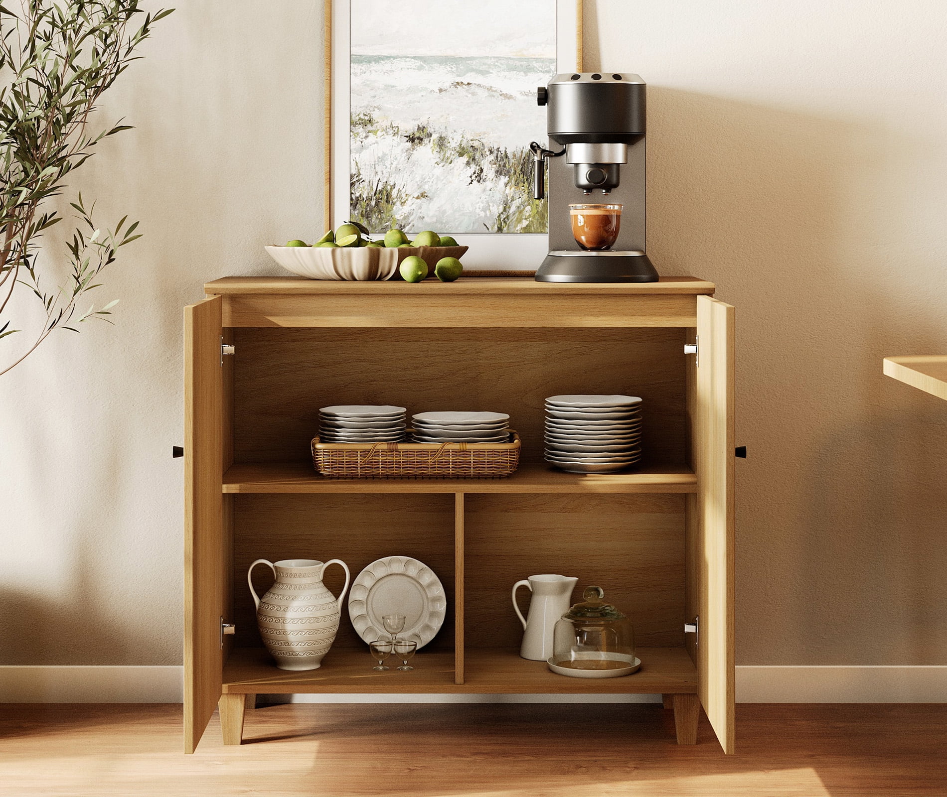Large Bedroom Nightstand, Tall Bedside Table with 3 Fixed Compartments, Oak