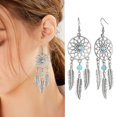 thumbnail image 3 of Faux Bijoux Turquoise 1 Paire Boucles d'Oreilles Crochet Femme Creuses Plume Forme Ronde Perles Style Rétro Bohème Alliage Inoxydable Décoration d'Oreille Bijoux, 3 of 8