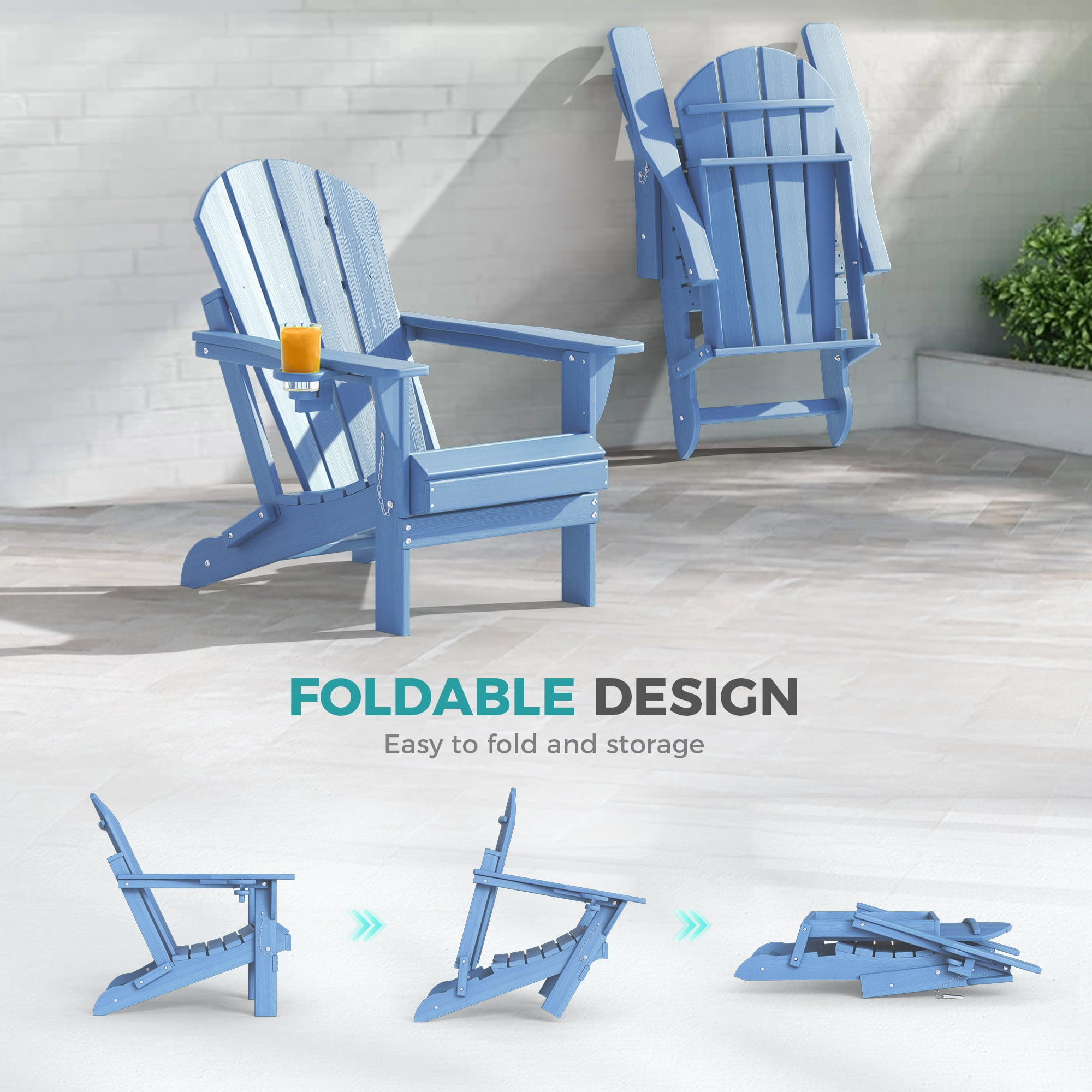 Adirondack Chairs Set of 4, Folding HDPE Fire Pit Garden Lawn Chairs, Blue