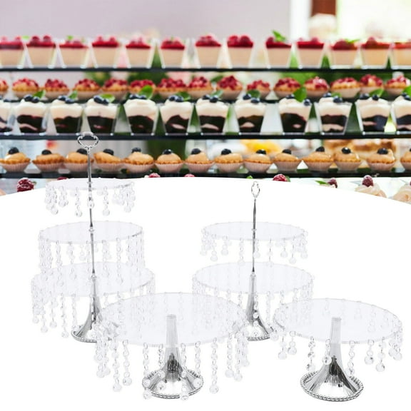 Miumaeov 4 Piece Cake Stand with Hanging Crystal Pendants Round Metal Cupcake Candy Holder Acrylic Dessert Display Plate Silver