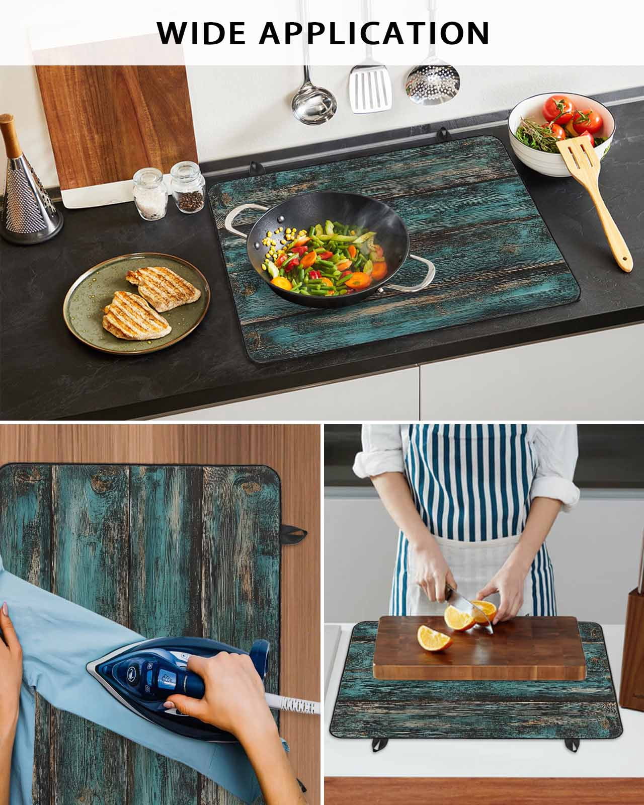 nqOlkjepod Large Induction Cooktop Protector Mat 28.5"x20.5", Teal Brown Plank Prints Stove Top Covers for Electric Stove, Farmhouse Vintage Wooden Grain Stove Burner Cover Mats Stove Cover